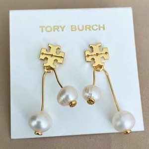 Tory Burch Hanging Pearl Earrings Studs (16k Gold-Plated) (NWT)